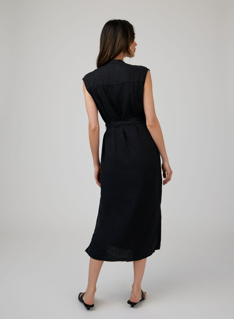 Bella Dahl Linen Cap Sleeve Button Front Midi Dress - Black