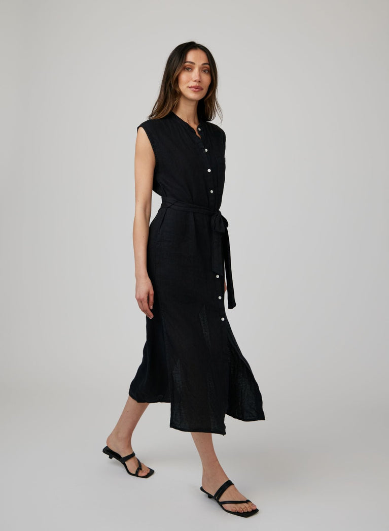 Bella Dahl Linen Cap Sleeve Button Front Midi Dress - Black