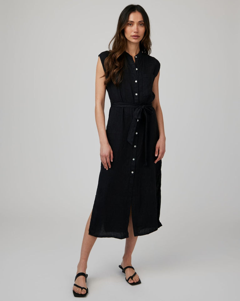 bella dahl Linen Cap Sleeve Button Front Midi Dress - Black