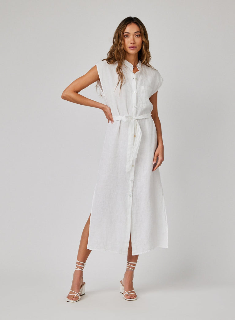 bella dahl Linen Cap Sleeve Button Front Midi Dress - White