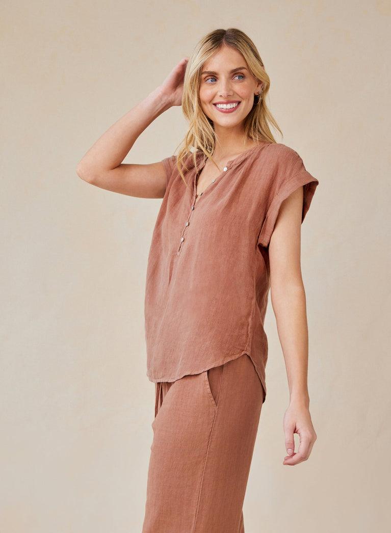 Bella Dahl Linen Cap Sleeve Pullover - Terracotta Brown