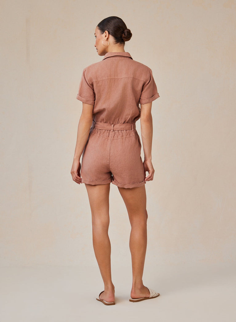 Bella Dahl Linen Rolled Hem Utility Romper - Terracotta Brown