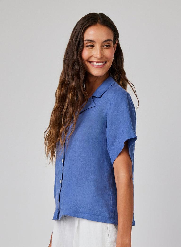 Bella Dahl Linen Short Sleeve Flowy Button Down - Antique Indigo