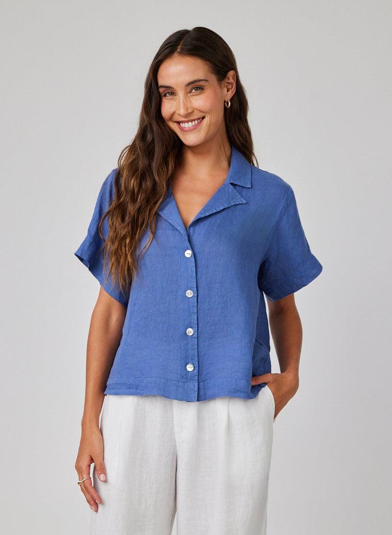 bella dahl Linen Short Sleeve Flowy Button Down - Antique Indigo