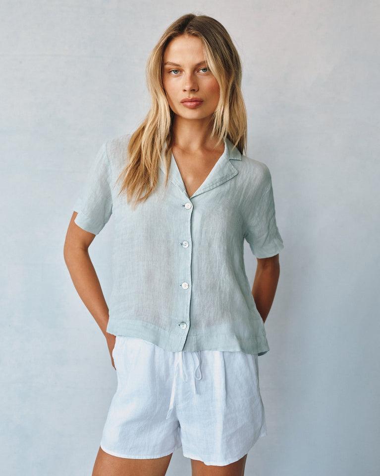 Bella Dahl Linen Short Sleeve Flowy Button Down - Muted Sage