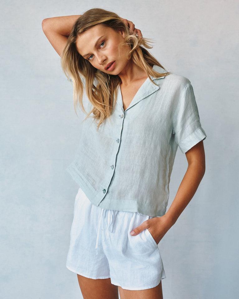 Bella Dahl Linen Short Sleeve Flowy Button Down - Muted Sage