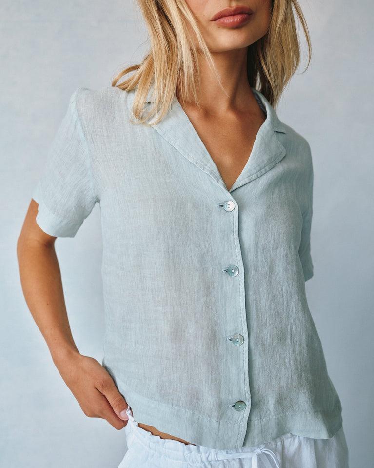 bella dahl Linen Short Sleeve Flowy Button Down - Muted Sage