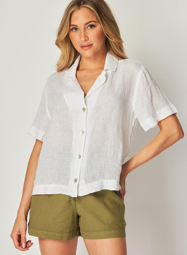 bella dahl Linen Short Sleeve Flowy Button Down - White