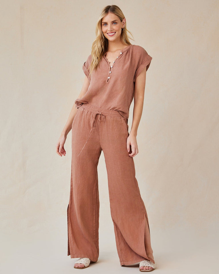 bella dahl Linen Side Slit Wide Leg Pant - Terracotta Brown