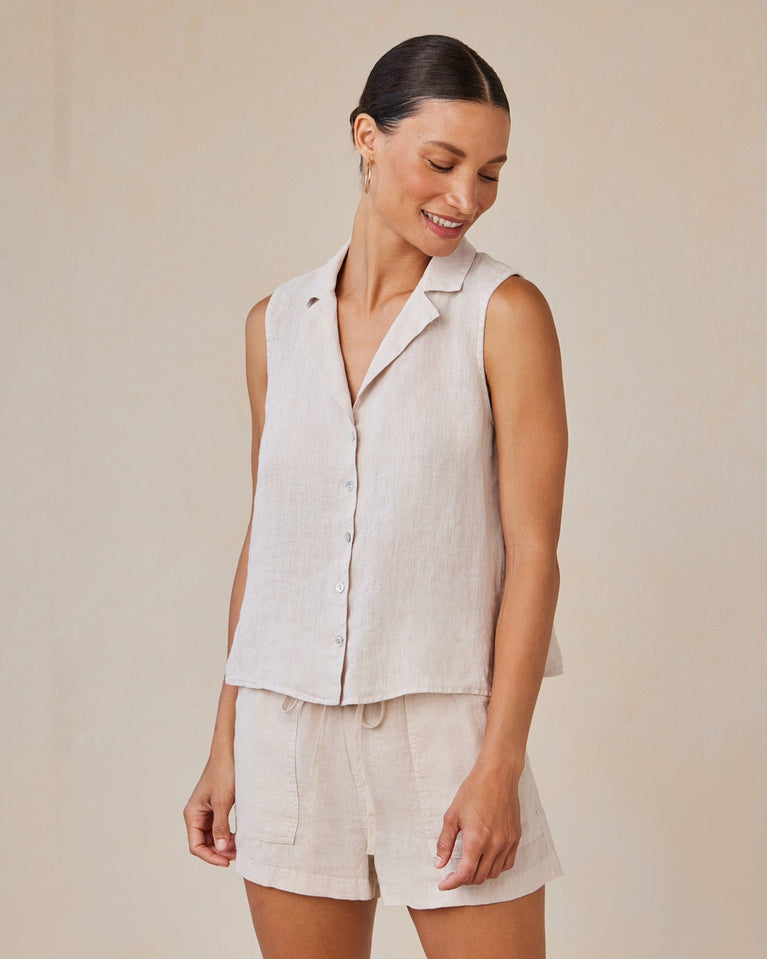 bella dahl Linen Sleeveless Notch Collar Button Down - Linen Sand