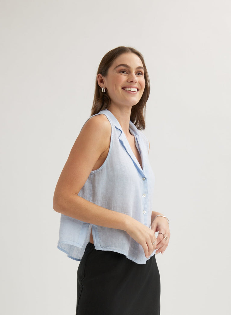 Bella Dahl Linen Sleeveless Notch Collar Button Down - Perennial Blue