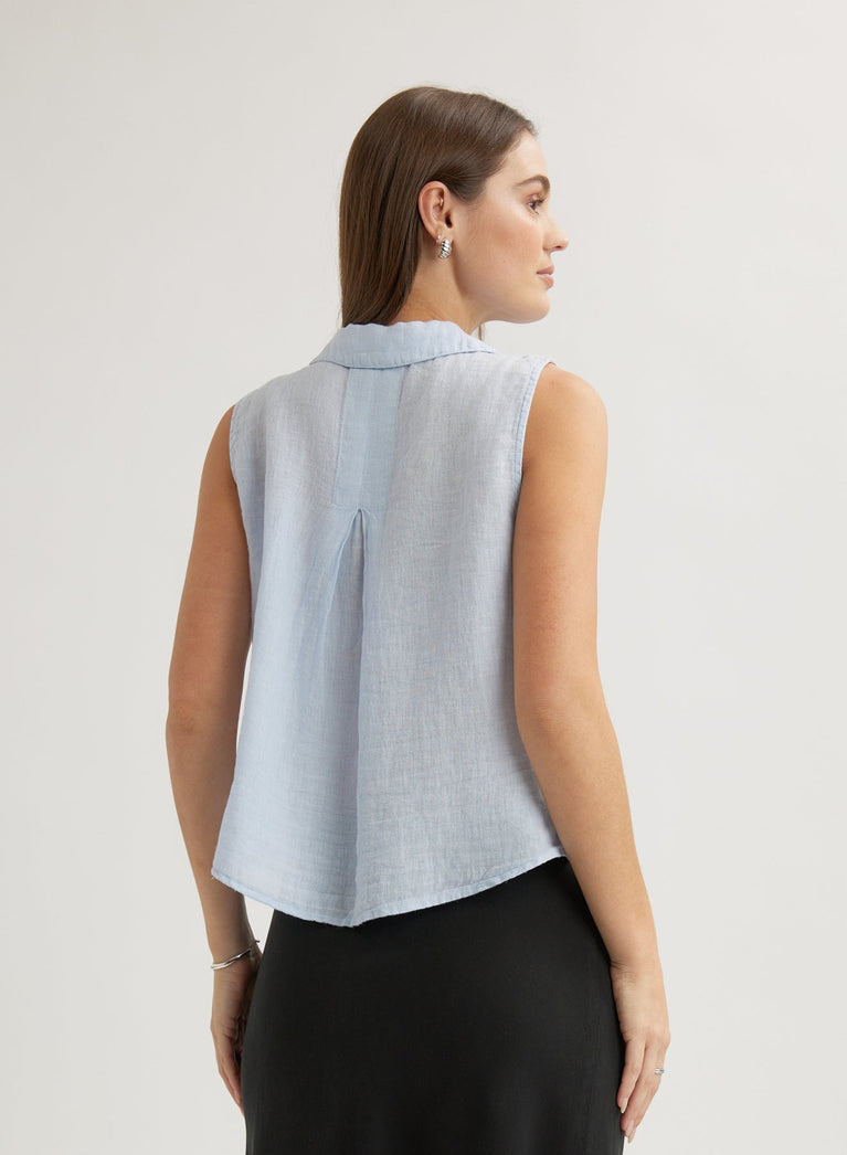 Bella Dahl Linen Sleeveless Notch Collar Button Down - Perennial Blue