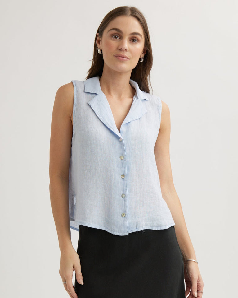 bella dahl Linen Sleeveless Notch Collar Button Down - Perennial Blue