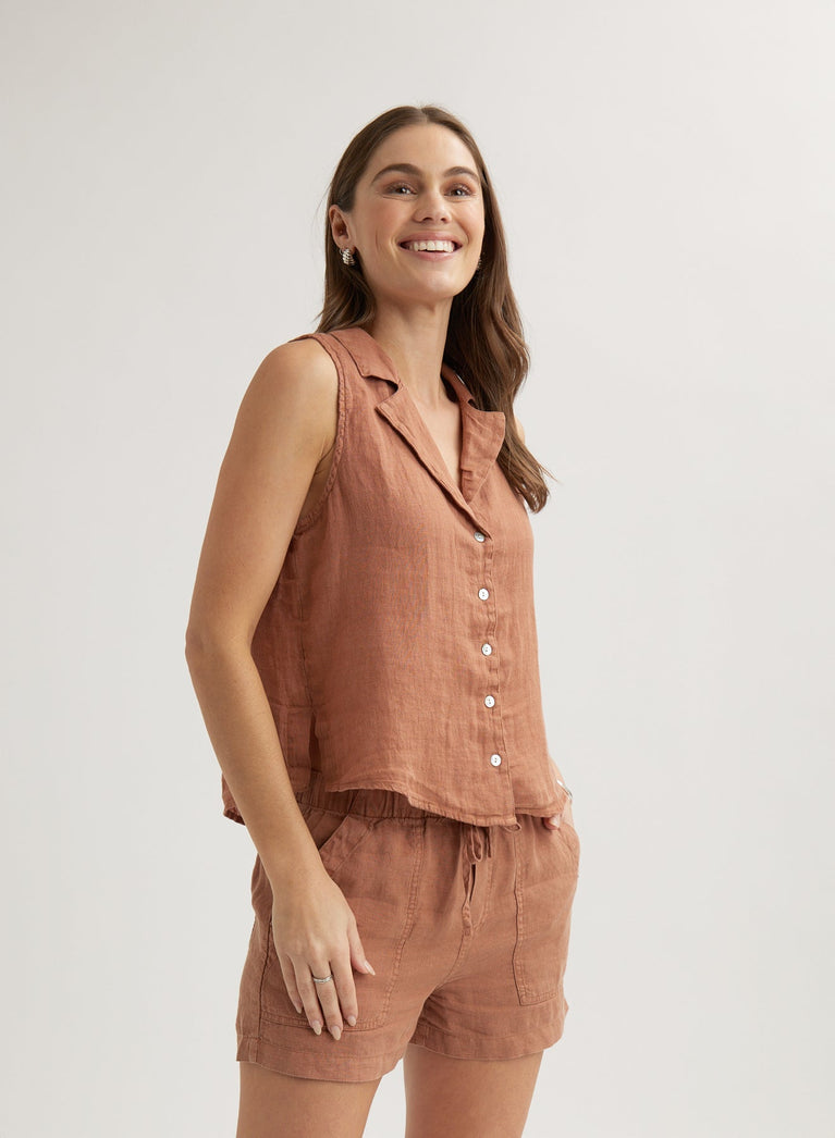 Bella Dahl Linen Sleeveless Notch Collar Button Down - Terracotta Brown