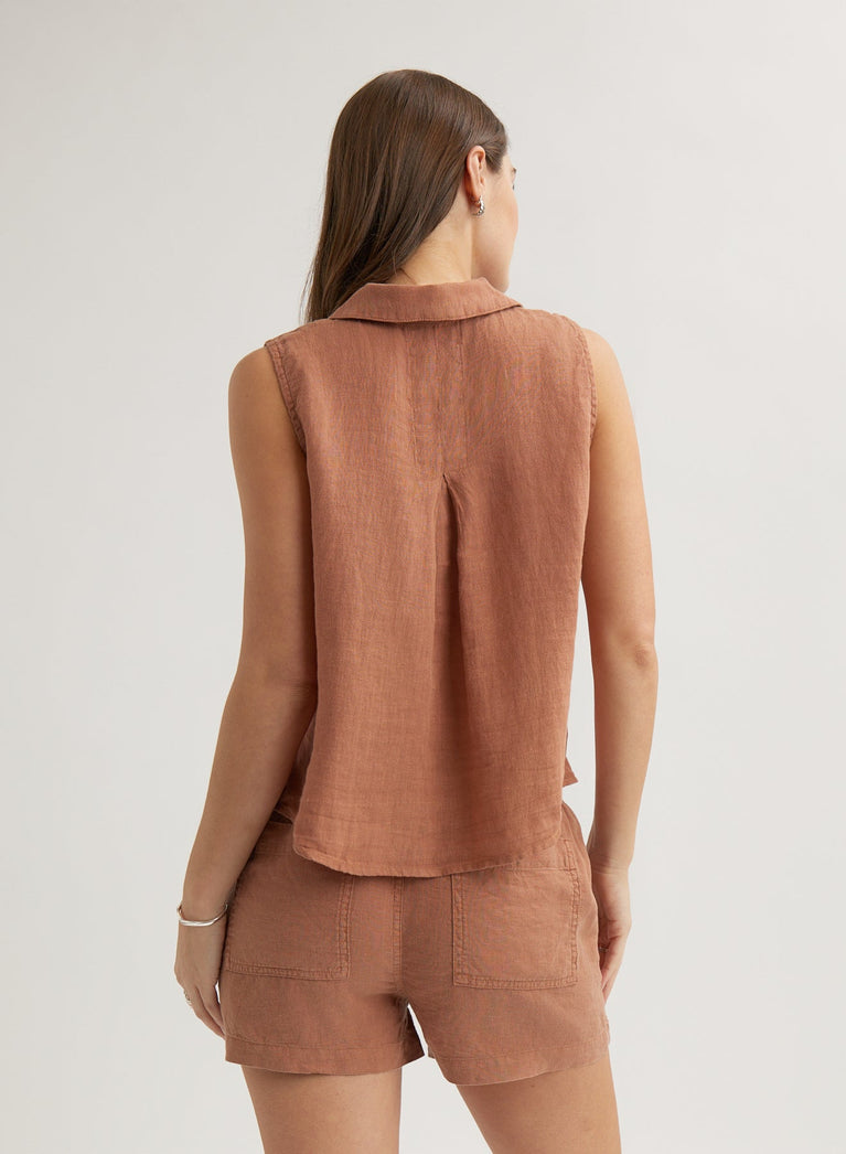 Bella Dahl Linen Sleeveless Notch Collar Button Down - Terracotta Brown