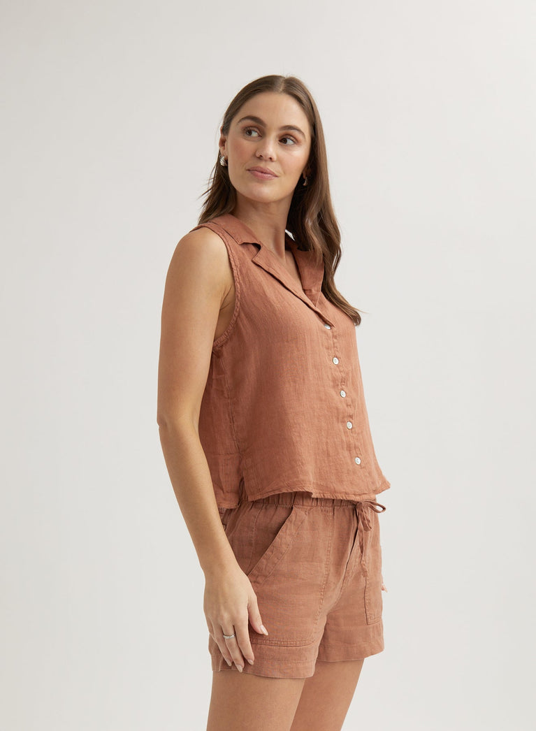 Bella Dahl Linen Sleeveless Notch Collar Button Down - Terracotta Brown