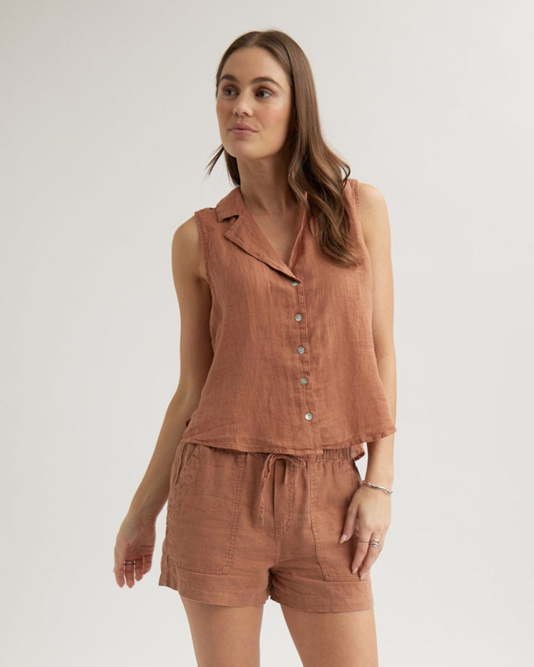 bella dahl Linen Sleeveless Notch Collar Button Down - Terracotta Brown
