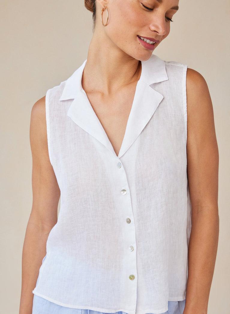 Bella Dahl Linen Sleeveless Notch Collar Button Down - White