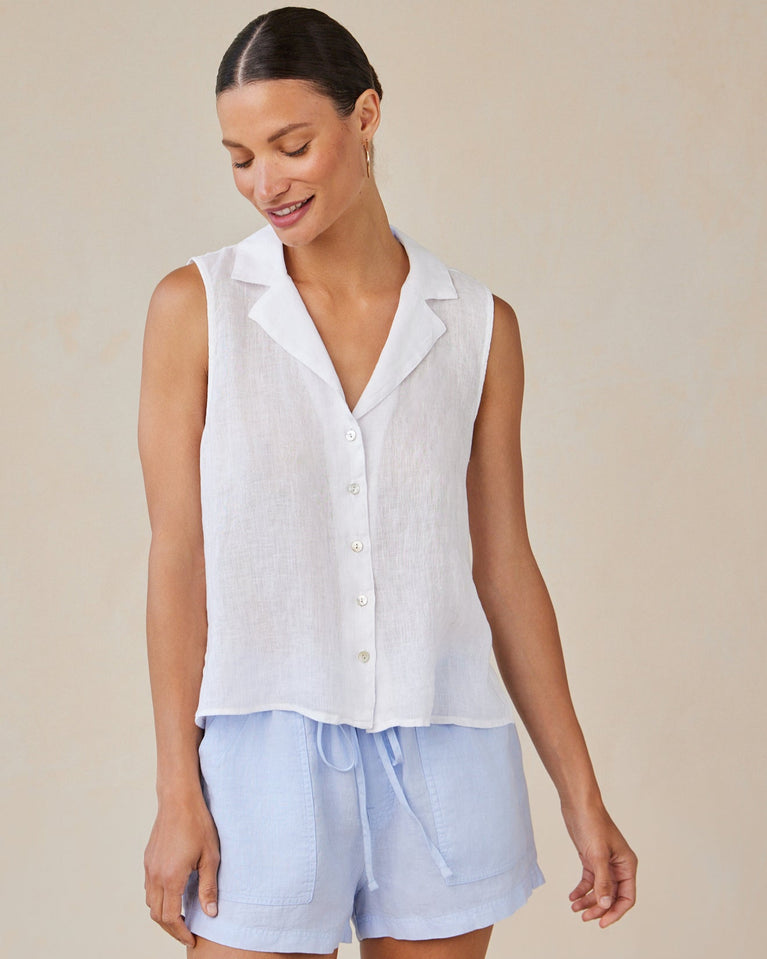 bella dahl Linen Sleeveless Notch Collar Button Down - White