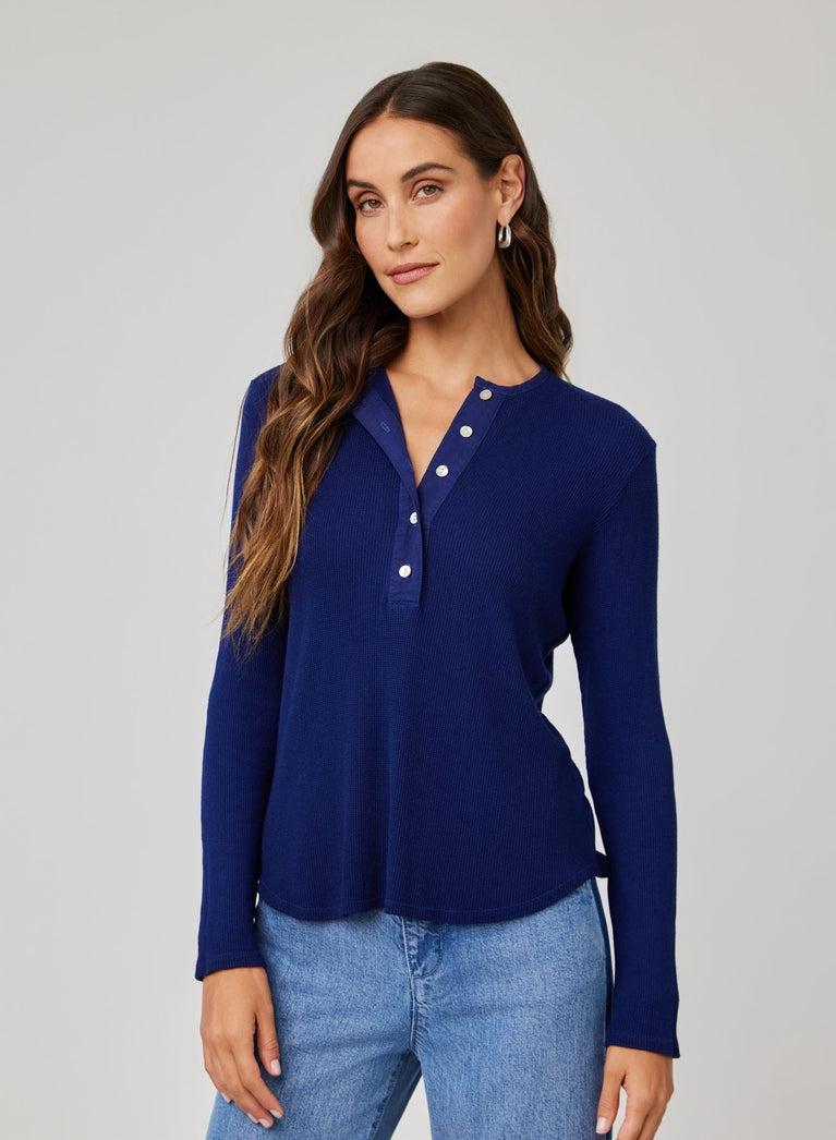 bella dahl Long Sleeve Wide Placket Henley - Navy Coast