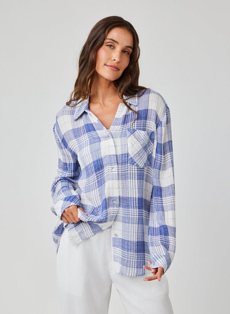 bella dahl Oversized Shirt with Pocket - Pacific Blue Plaid