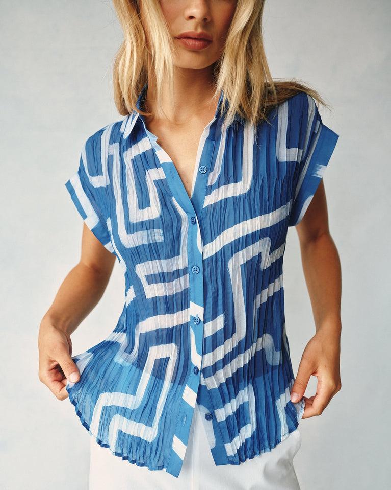 Bella Dahl Pleated Roll Sleeve Button Down - Coastal Line Print
