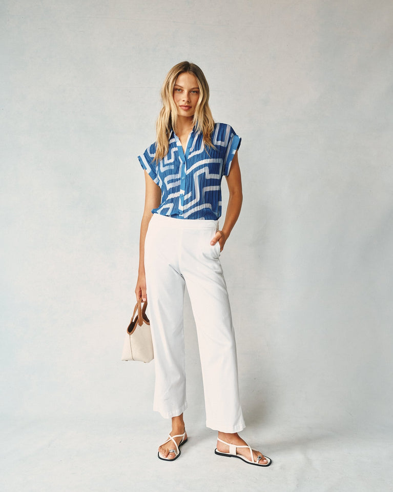Bella Dahl Pleated Roll Sleeve Button Down - Coastal Line Print