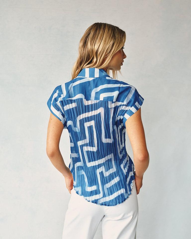 Bella Dahl Pleated Roll Sleeve Button Down - Coastal Line Print