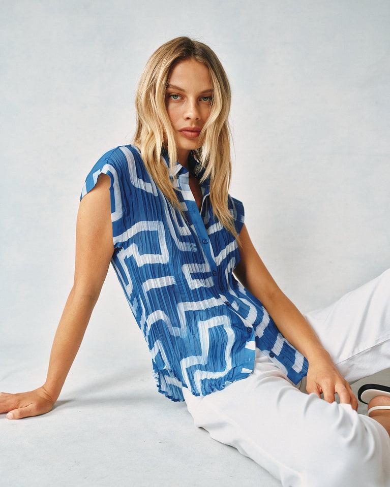 bella dahl Pleated Roll Sleeve Button Down - Coastal Line Print