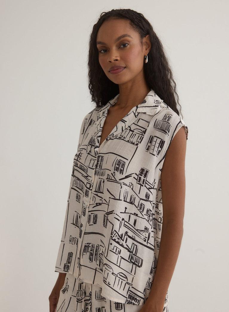 Bella Dahl Printed Button Front Cap Sleeve - Amalfi Sketch Print