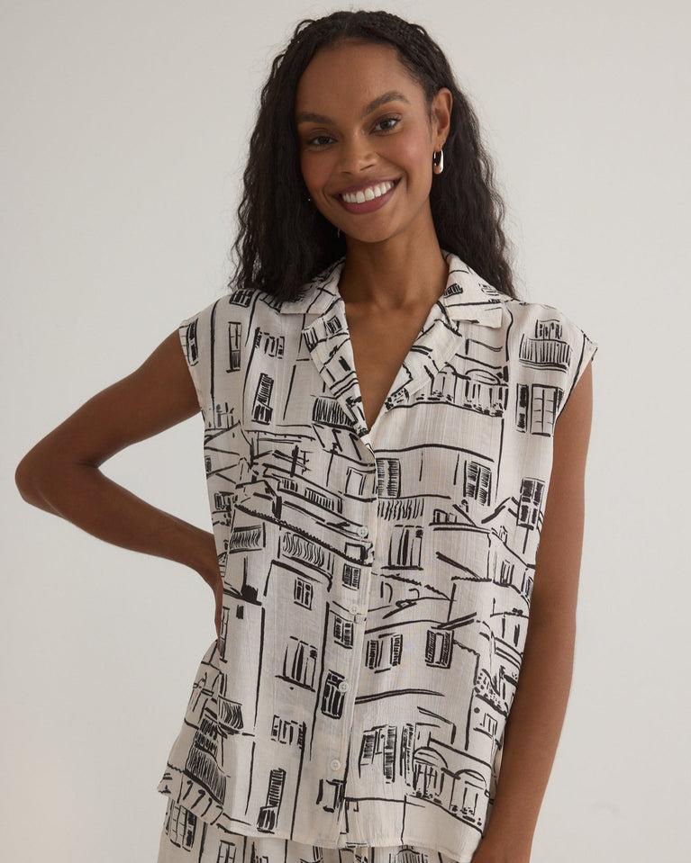 bella dahl Printed Button Front Cap Sleeve - Amalfi Sketch Print