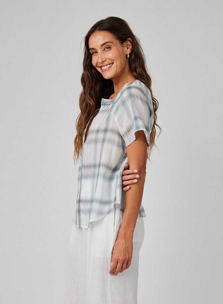Bella Dahl Raglan Cap Sleeve Pullover - Sage Shadow Plaid
