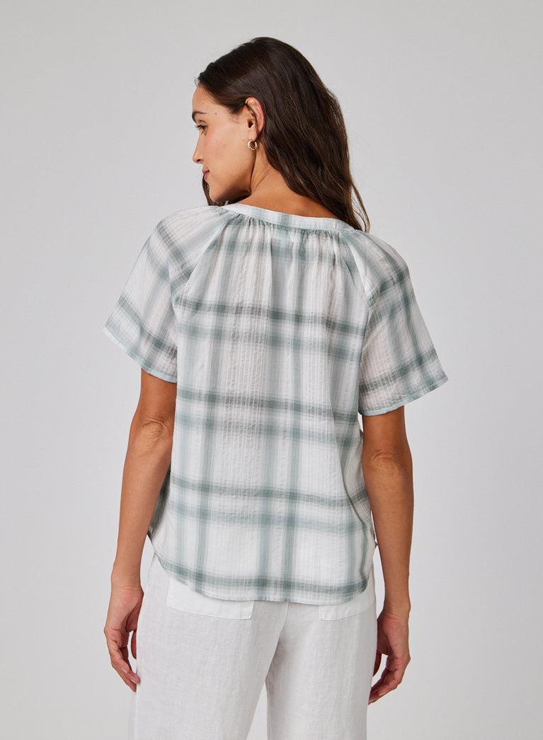 Bella Dahl Raglan Cap Sleeve Pullover - Sage Shadow Plaid