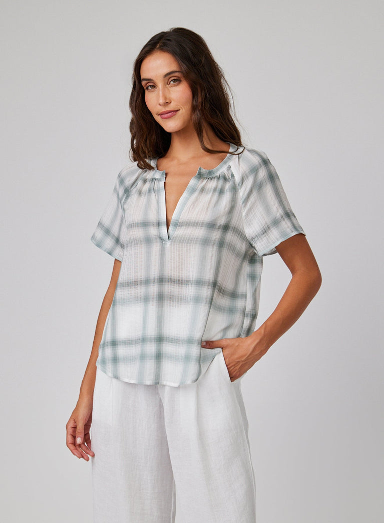 bella dahl Raglan Cap Sleeve Pullover - Sage Shadow Plaid