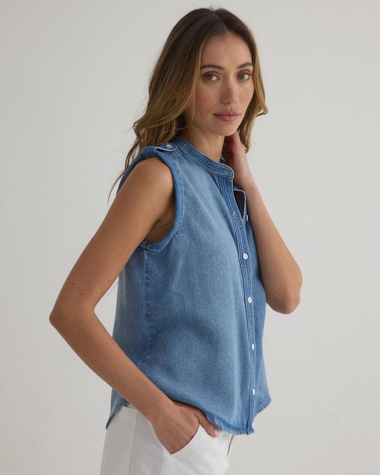 Bella Dahl Roll Sleeve With Tabs Button Up Top - Amalfi Marine Wash