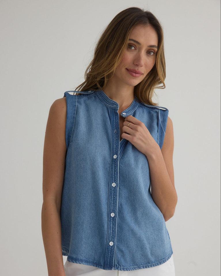 bella dahl Roll Sleeve with Tabs Button Up Top - Amalfi Marine Wash