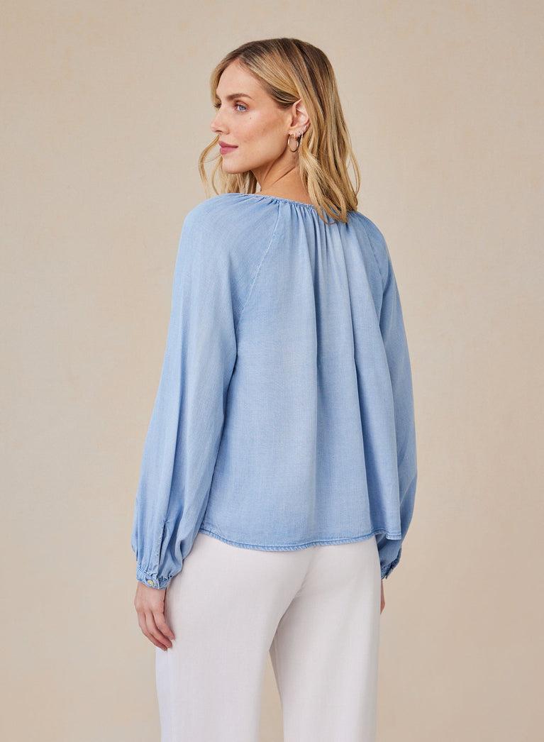 Bella Dahl Shirred Raglan Tie Front Blouse - Coastal Spray Wash