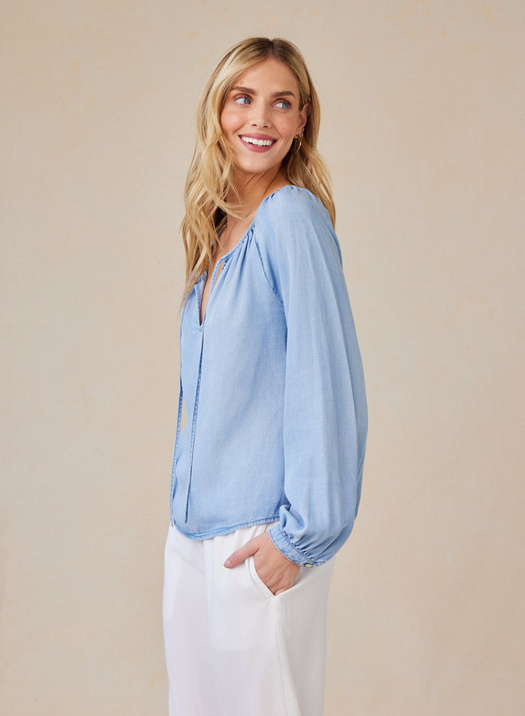 Bella Dahl Shirred Raglan Tie Front Blouse - Coastal Spray Wash