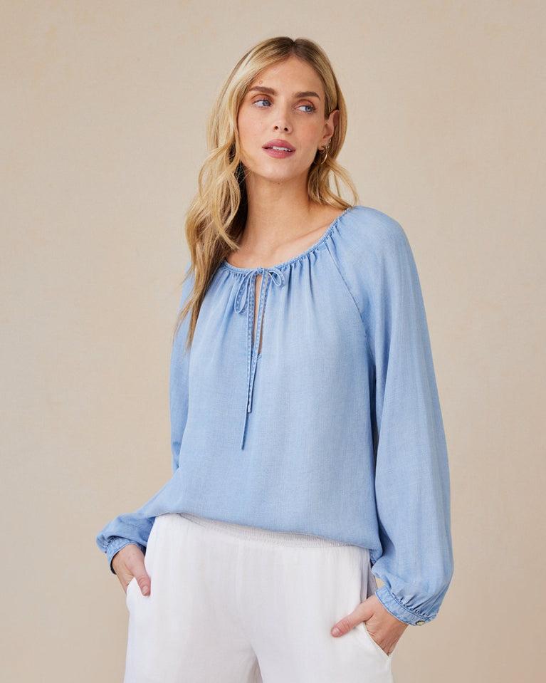 bella dahl Shirred Raglan Tie Front Blouse - Coastal Spray Wash