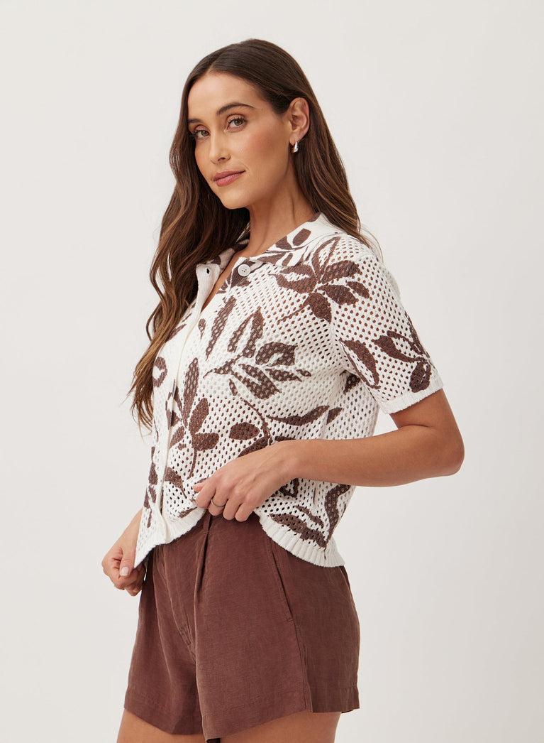 Bella Dahl Short Sleeve Button Down Sweater - Brown Palm Print