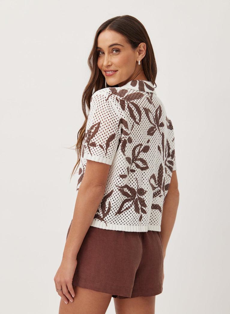 Bella Dahl Short Sleeve Button Down Sweater - Brown Palm Print