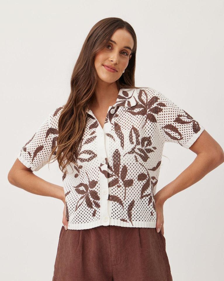 bella dahl Short Sleeve Button Down Sweater - Brown Palm Print