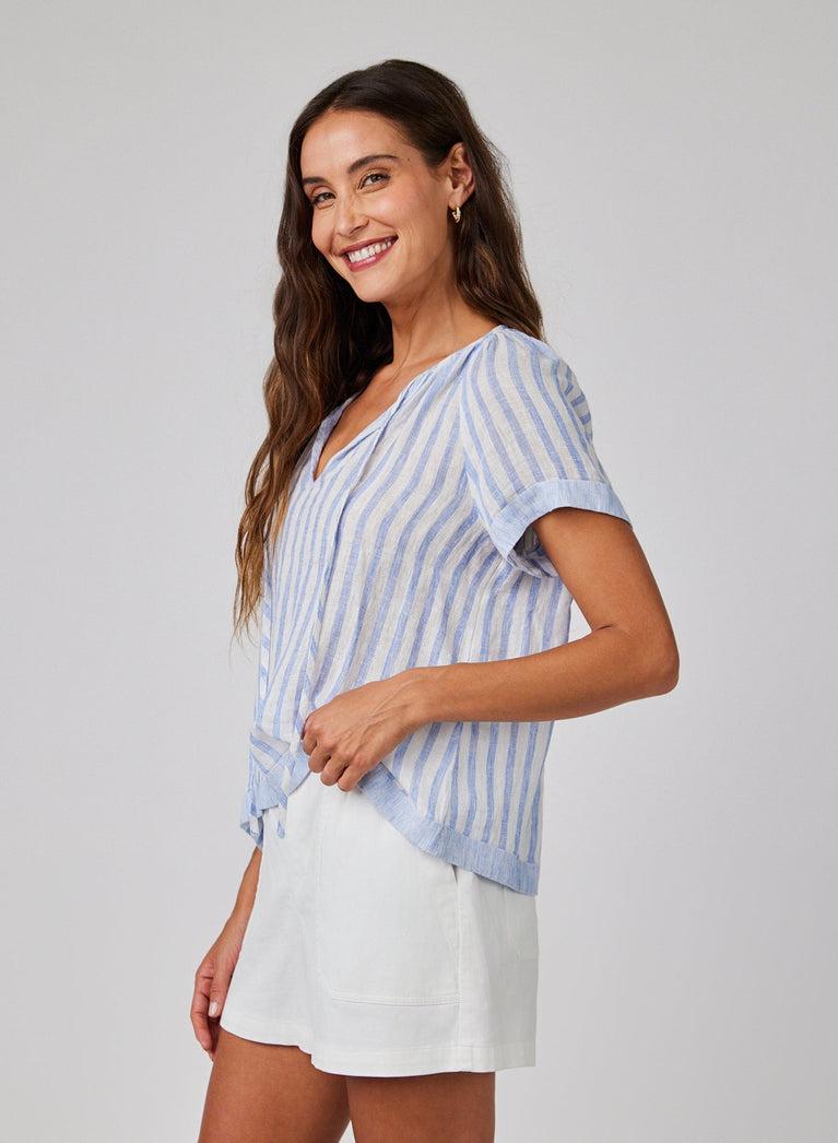 Bella Dahl Short Sleeve Flowy Raglan Top - Blue Sky Stripe
