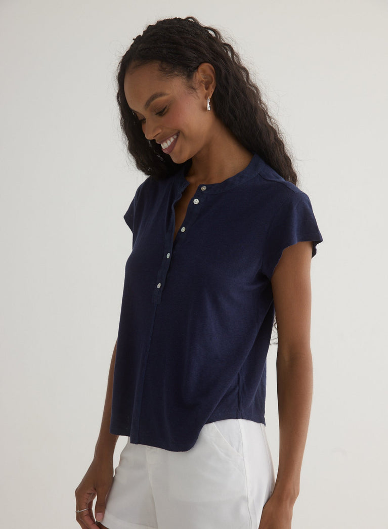 Bella Dahl Short Sleeve Placket Pullover - Italian Navy
