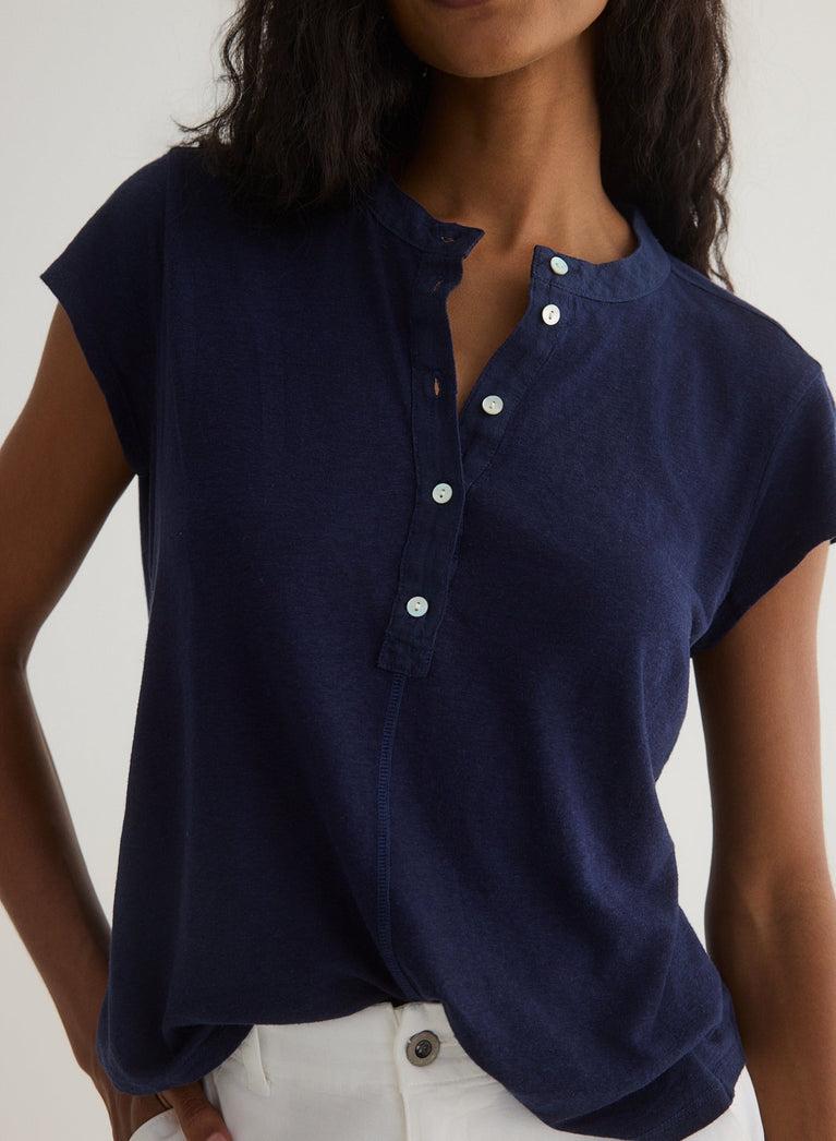 Bella Dahl Short Sleeve Placket Pullover - Italian Navy