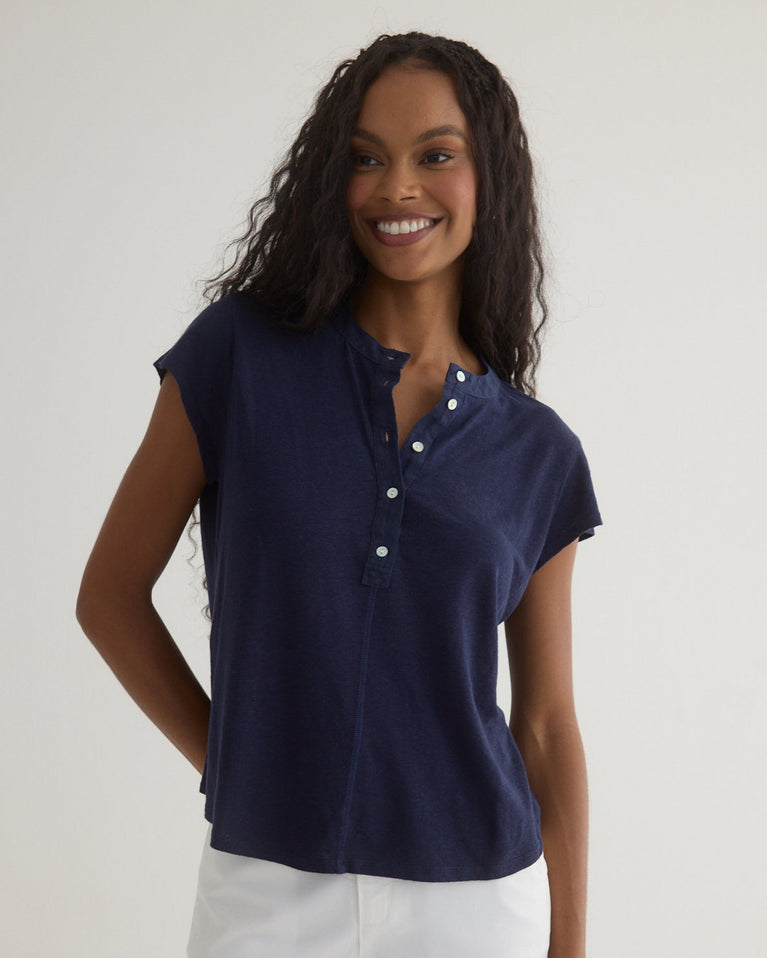 bella dahl Short Sleeve Placket Pullover - Italian Navy