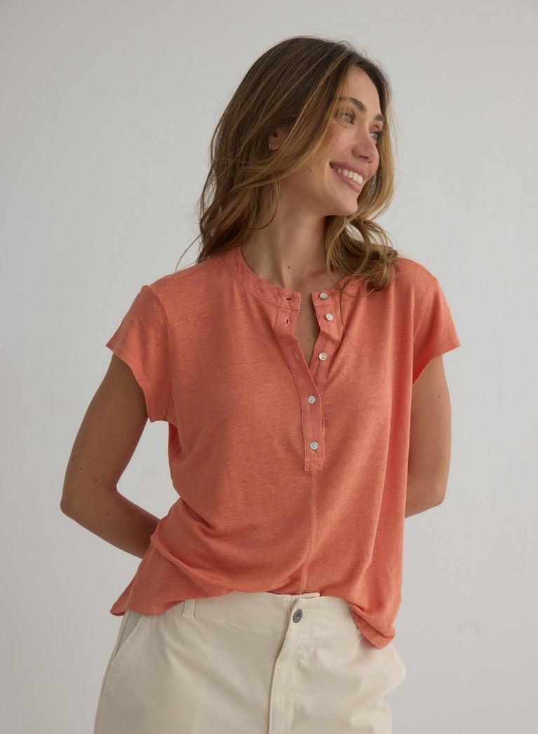 Bella Dahl Short Sleeve Placket Pullover - Terracotta Orange