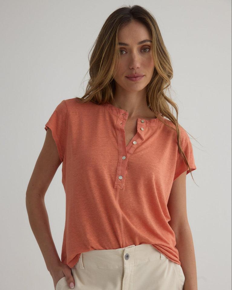 bella dahl Short Sleeve Placket Pullover - Terracotta Orange