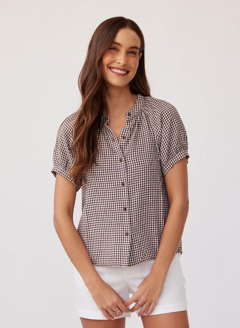 Bella Dahl Short Sleeve Raglan Shirt - Brown Micro Gingham