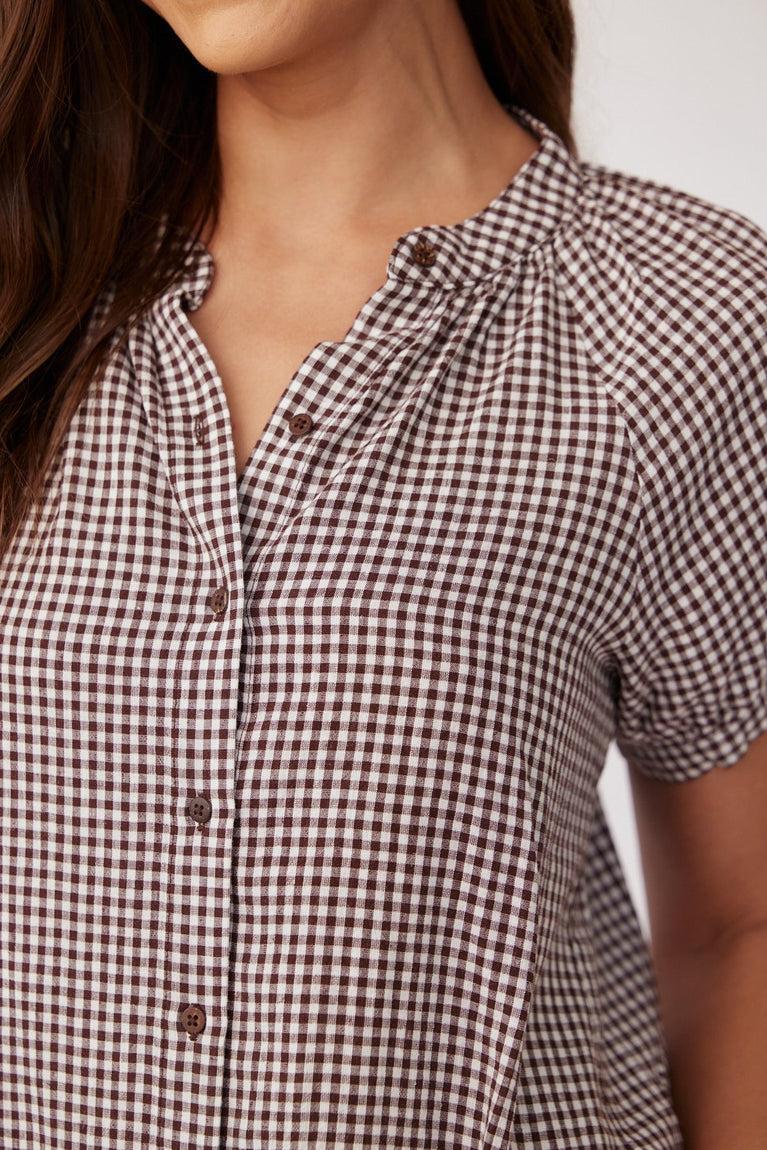 Bella Dahl Short Sleeve Raglan Shirt - Brown Micro Gingham